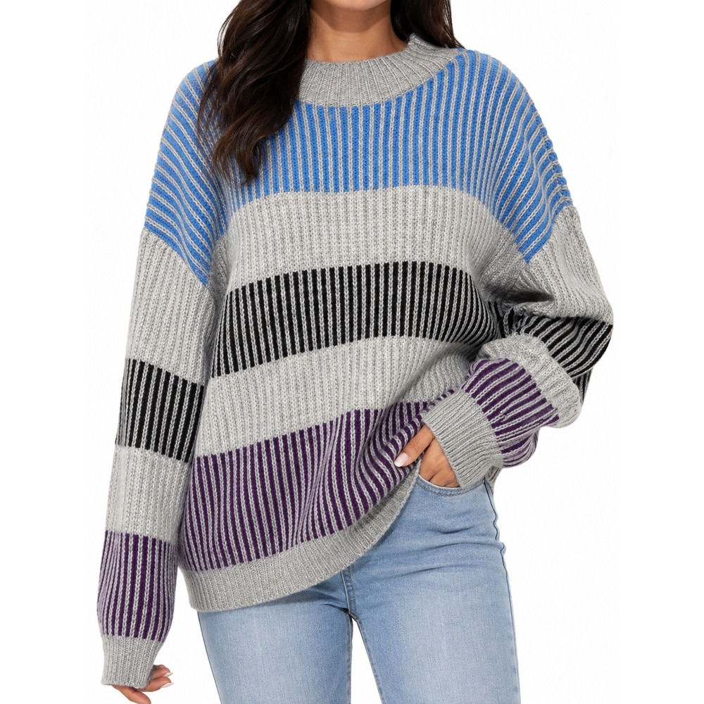 Liz Claiborne Womens XL Striped Ribbed Knit Sweater Blue Purple Grey Crew Neck
